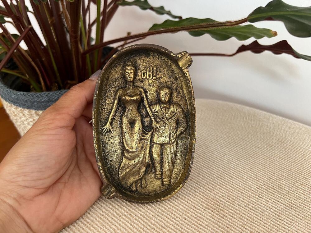 Vintage Brass Ashtray Embossed Two-Sided Cheeky Man Woman Humor Oval